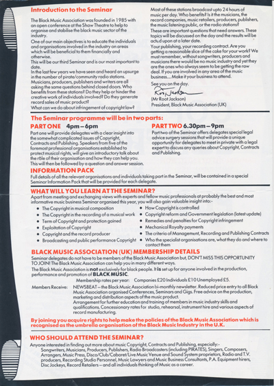 Black Music Association (BMA) London UK Copyright, Contracts & Publishing Music Business Seminar July 31st 1988 - Page 3 publicity leaflet