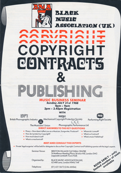 Black Music Association (BMA) London UK Copyright, Contracts & Publishing Music Business Seminar July 31st 1988 - Front Cover publicity leaflet