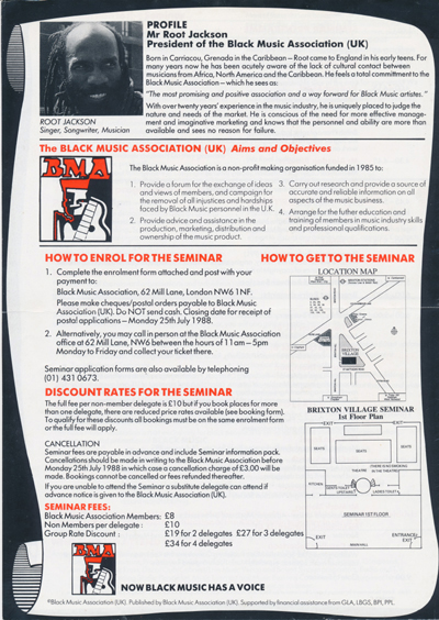 Black Music Association (BMA) London UK Copyright, Contracts & Publishing Music Business Seminar July 31st 1988 - page 2 publicity leaflet