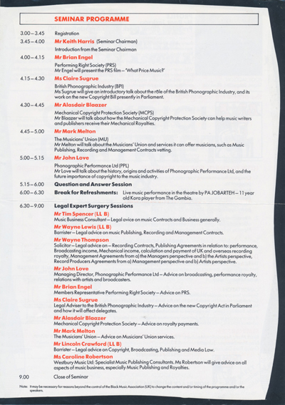 Black Music Association (BMA) London UK Copyright, Contracts & Publishing Music Business Seminar July 31st 1988 - page 4 publicity leaflet