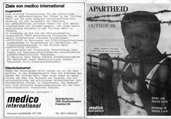 Black and white photo showing the front and back cover of the Medico International postcard booklet entitles Apartheid Outside IN.
