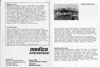 Black and white photo of a page from the Medico International Apartheid Outside In booklet.