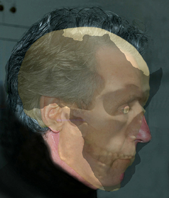 digital collage image showing martin lovis face profile with human skull and continent of Afrca.