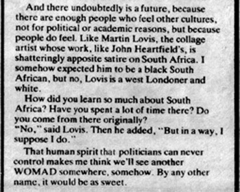 black and white phot showing detail from the New Musical Express comments recorded about Martin Lovis in 1982.