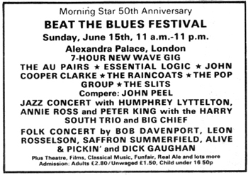 black and white copy of newspaper advertising featuring the musicians line up at the festival