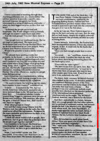 Black and white photo showing a page from the New Muscal Express WOMAD article recording comments made by Martin Lovis.
