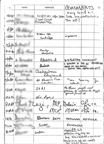 Page 10 of exhibition visitors book showing handwritten comments (mostly all favourable) made by members of the public