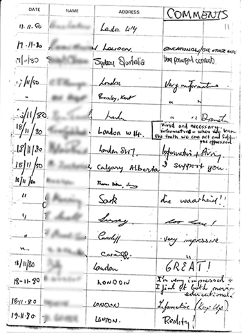 Page 11 of exhibition visitors book showing handwritten comments (mostly all favourable) made by members of the public