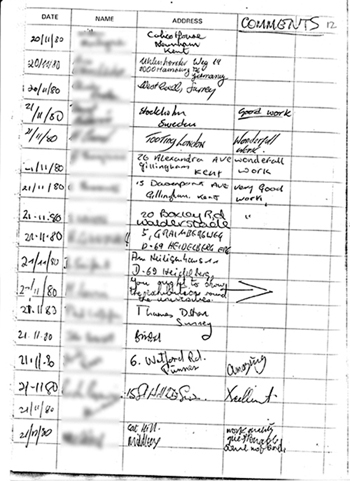 Page 12 of exhibition visitors book showing handwritten comments (mostly all favourable) made by members of the public