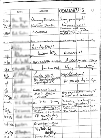 Page 13 of exhibition visitors book showing handwritten comments (mostly all favourable) made by members of the public