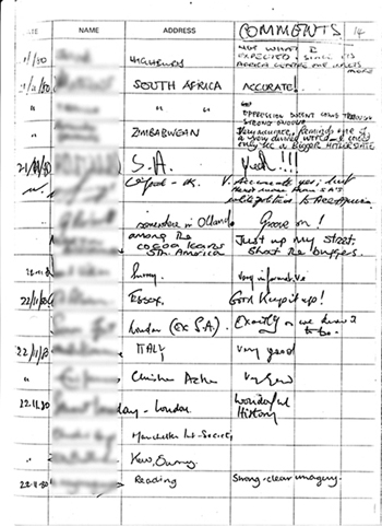 Page 14 of exhibition visitors book showing handwritten comments (mostly all favourable) made by members of the public