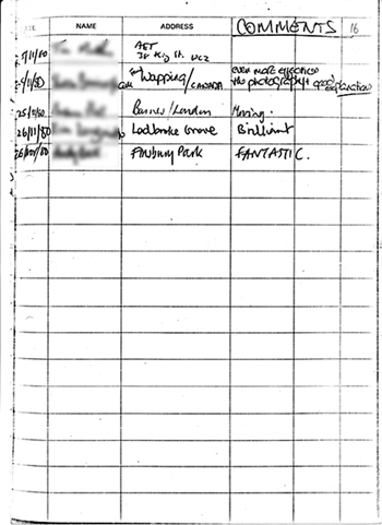 Page 16 of exhibition visitors book showing handwritten comments (mostly all favourable) made by members of the public