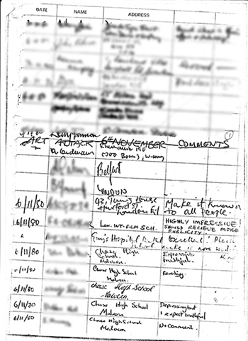 Page 1 of exhibition visitors book showing handwritten comments (mostly all favourable) made by members of the public