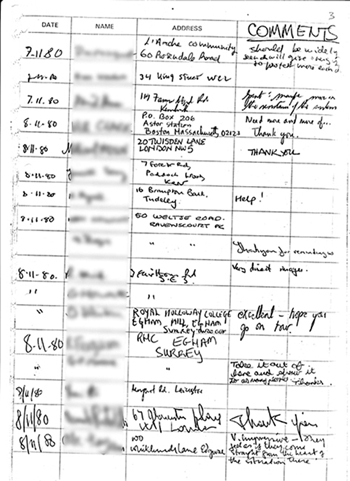 Page 3 of exhibition visitors book showing handwritten comments (mostly all favourable) made by members of the public