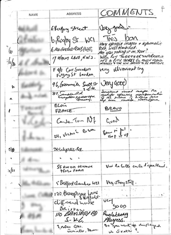 Page 4 of exhibition visitors book showing handwritten comments (mostly all favourable) made by members of the public