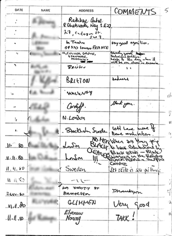 Page 5 of exhibition visitors book showing handwritten comments (mostly all favourable) made by members of the public