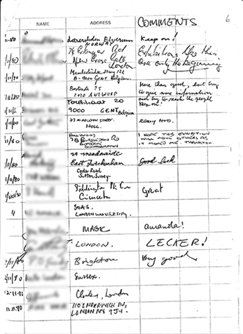 Page 6 of exhibition visitors book showing handwritten comments (mostly all favourable) made by members of the public