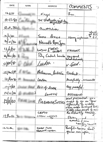 Page 7 of exhibition visitors book showing handwritten comments (mostly all favourable) made by members of the public