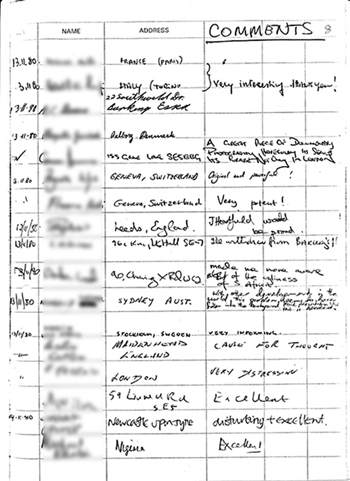 Page 8 of exhibition visitors book showing handwritten comments (mostly all favourable) made by members of the public