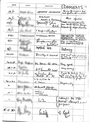 Page 9 of exhibition visitors book showing handwritten comments (mostly all favourable) made by members of the public