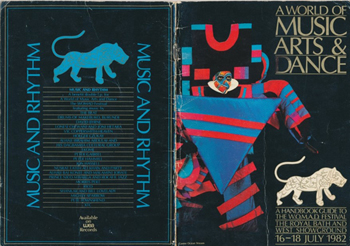 Colour photo of front and back pages of the WOMAD catalogue