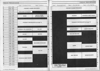 Black and white photo of inside page of WOMAD catalogue showing bands playing on Friday.