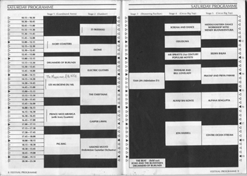 Black and white photo of inside page of WOMAD catalogue showing bands playing on Saturday.