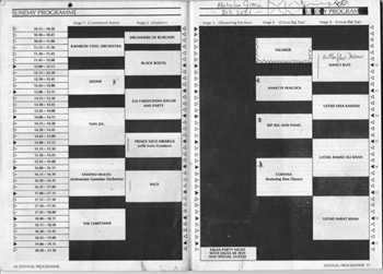 Black and white photo of inside page of WOMAD catalogue showing bands playing on Sunday.